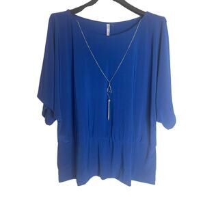 NY Collection Womens Stretch Round Neck Necklace Top Flutter Sleeve Size 3X Blue